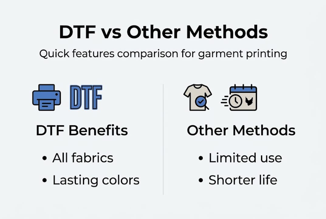 Infographic comparing DTF and other print methods