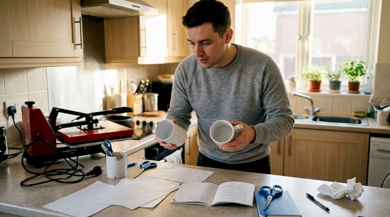 Man reviews printing materials on kitchen counter