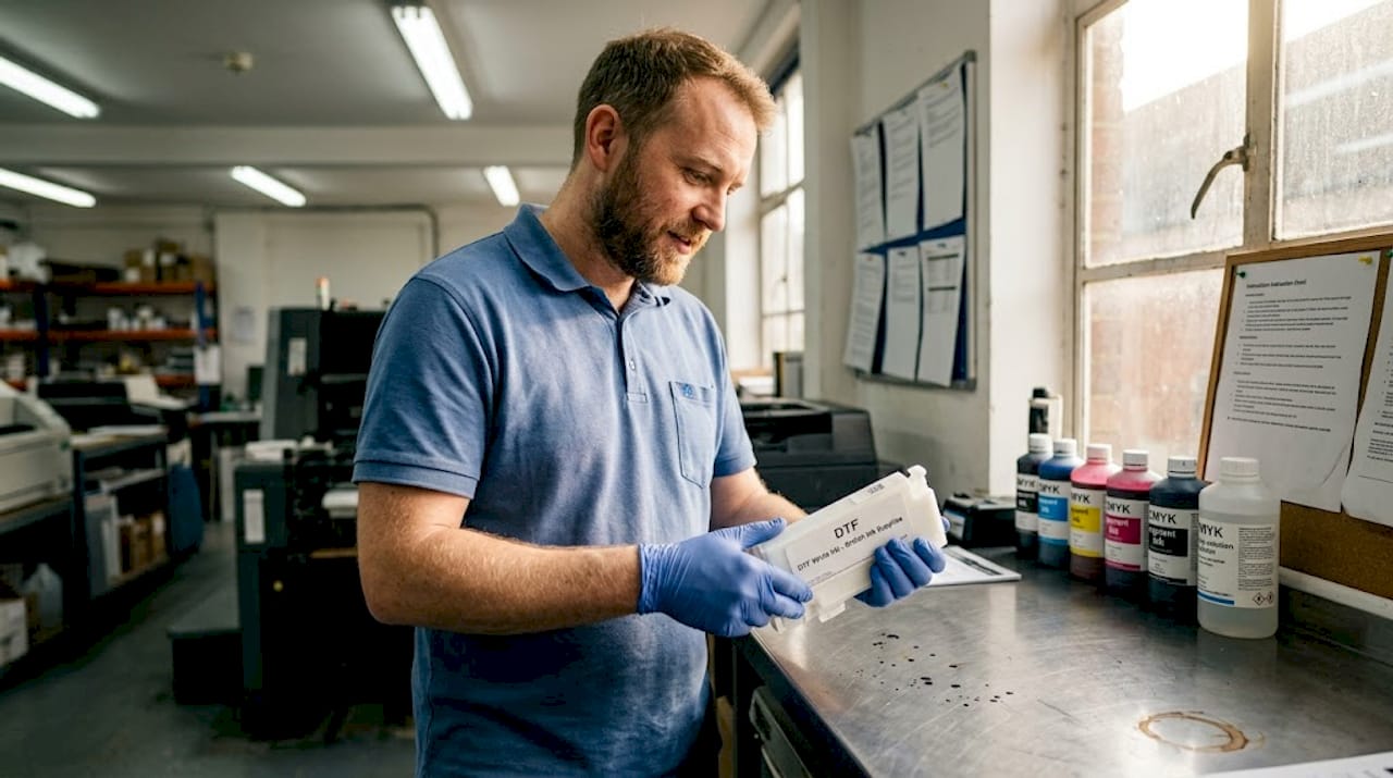 Technician prepares DTF ink cartridge