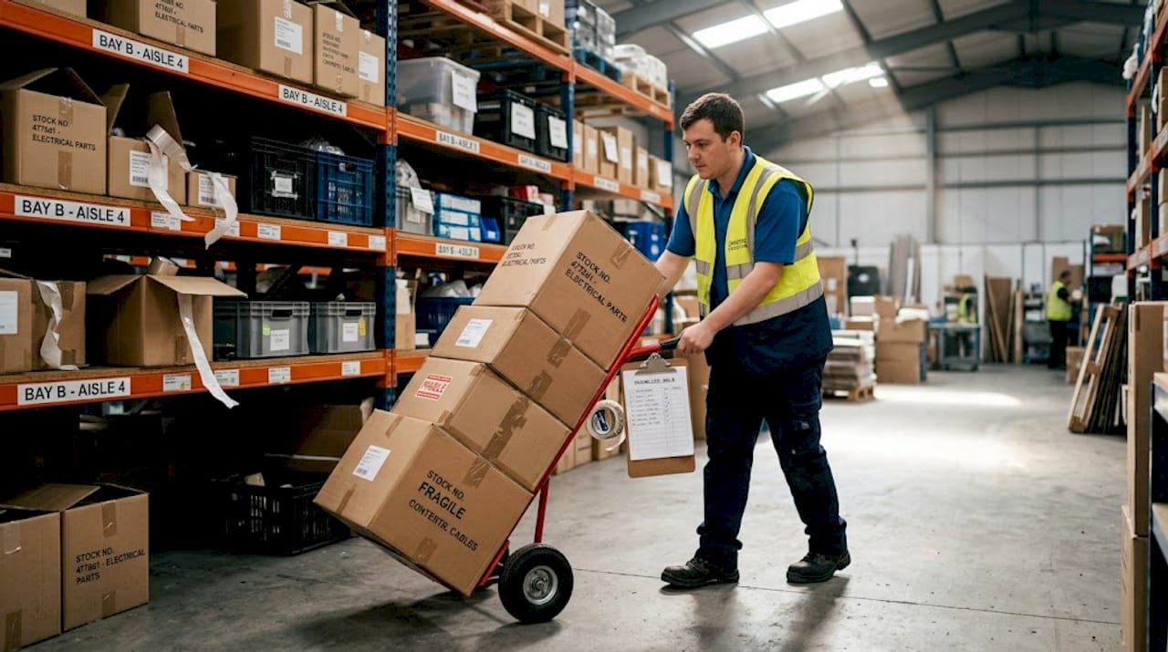 Warehouse staff unloads wholesale supply boxes