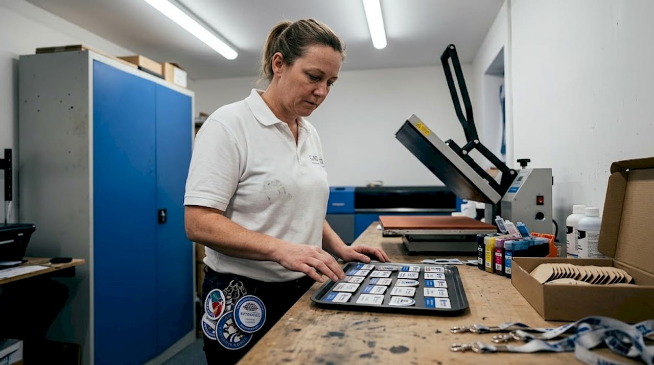 Technician inspecting printed MDF badges