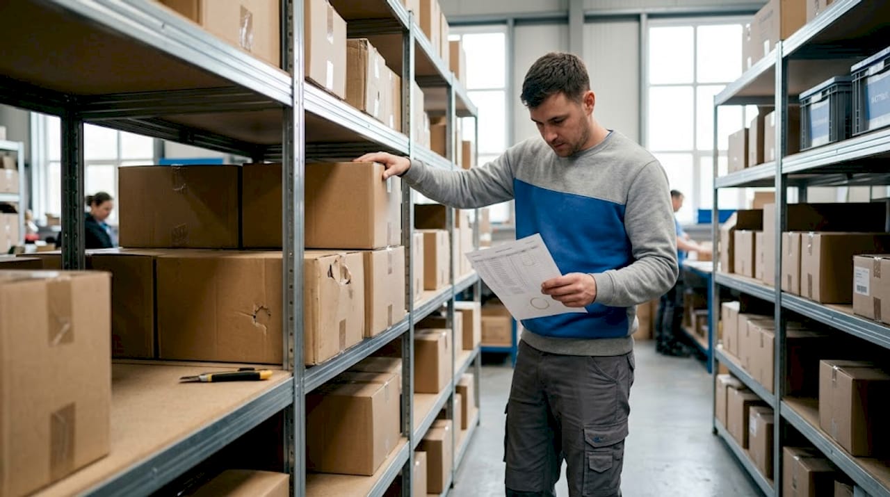 Worker stacking boxes in warehouse storage