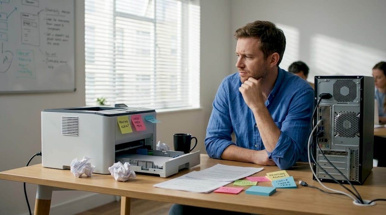 Worker waits on slow small office printer