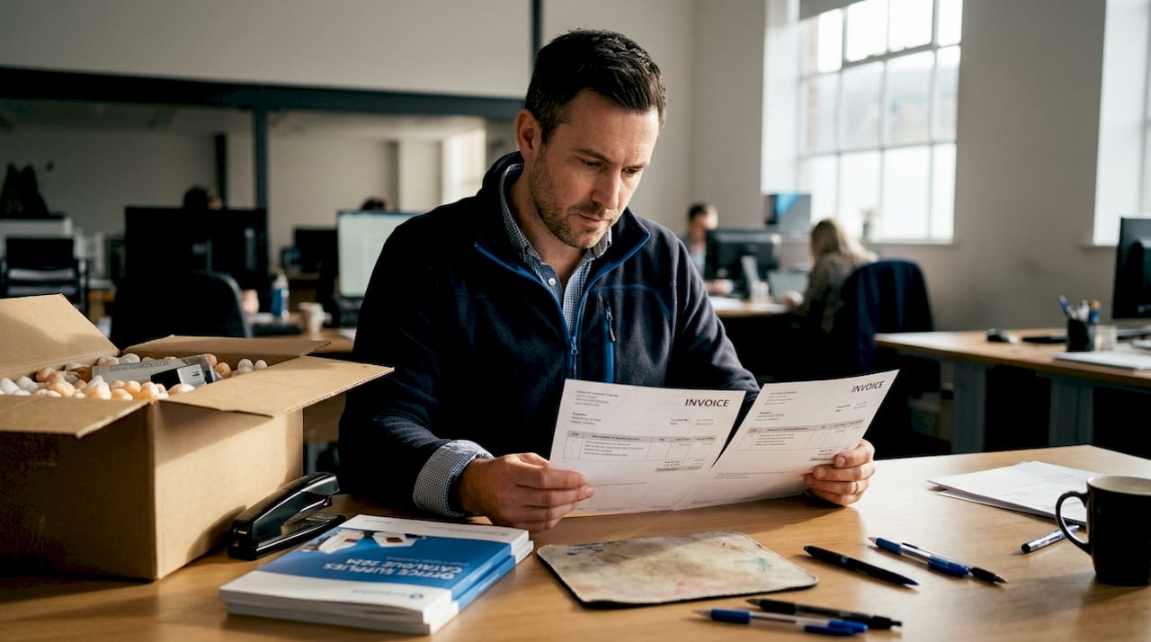 Manager reviewing invoices and supplies at desk