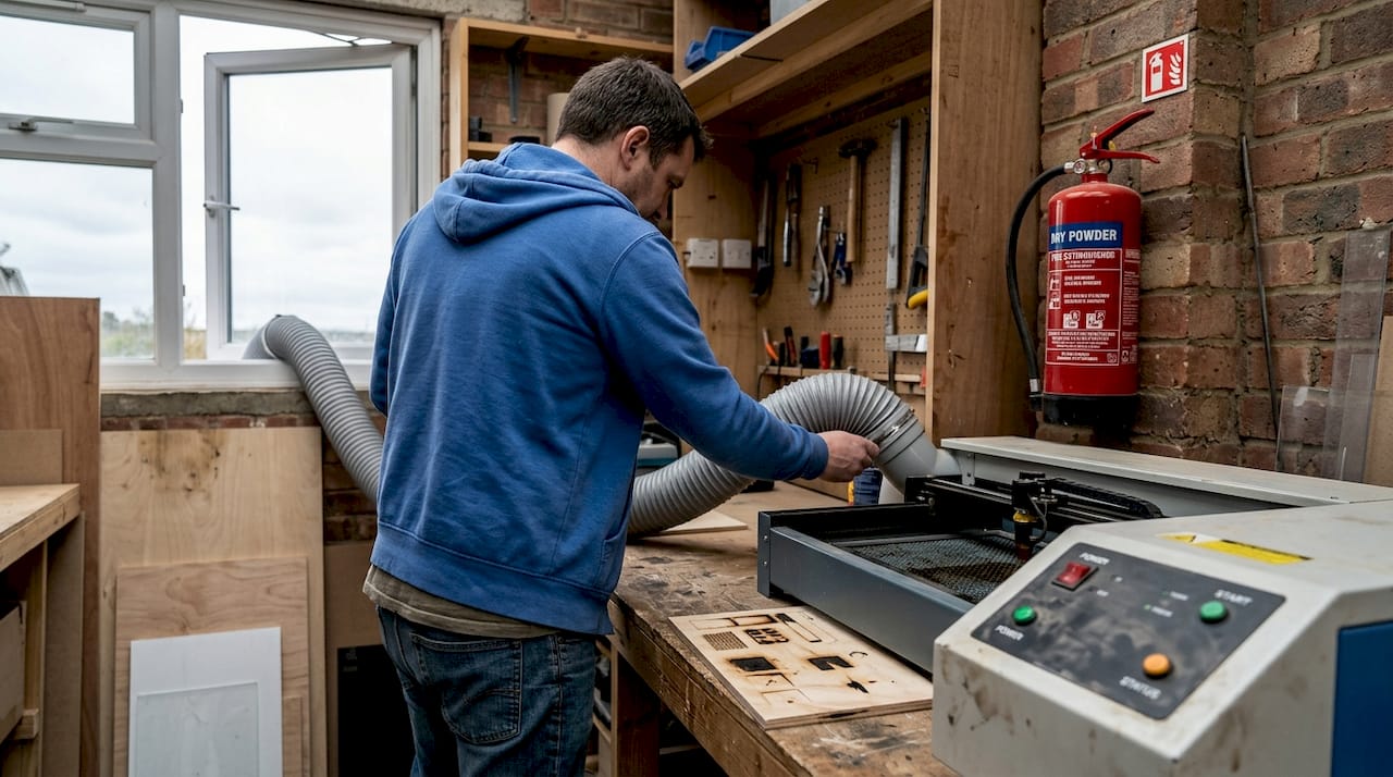 Person checking laser engraver ventilation setup