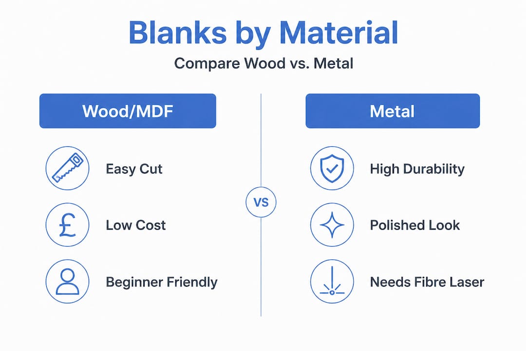 Infographic comparing wood and metal engravable blanks