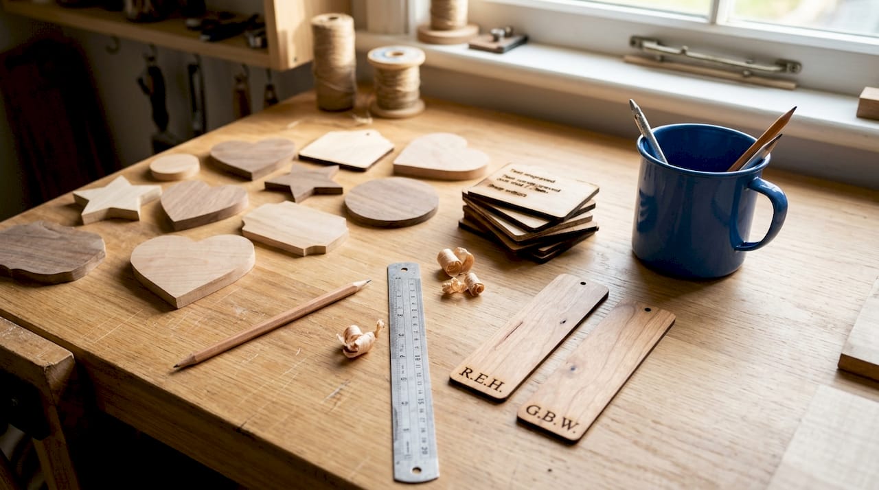 Various wood blanks with laser-engraved details