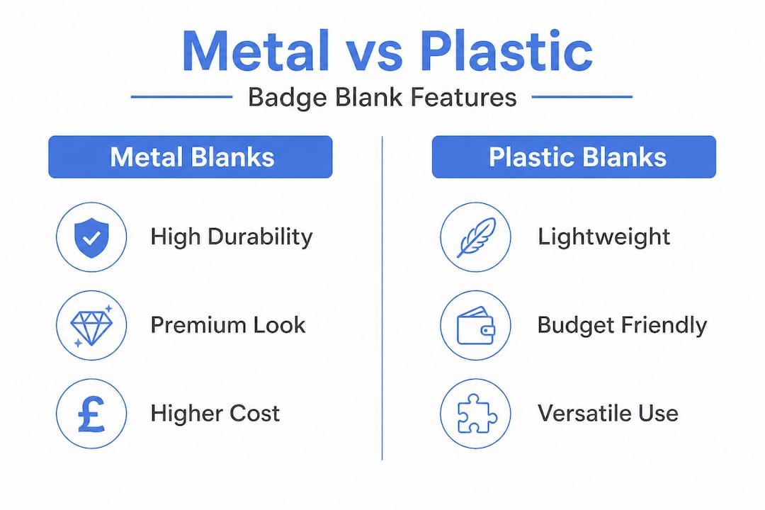 Infographic comparing metal and plastic badge blank features