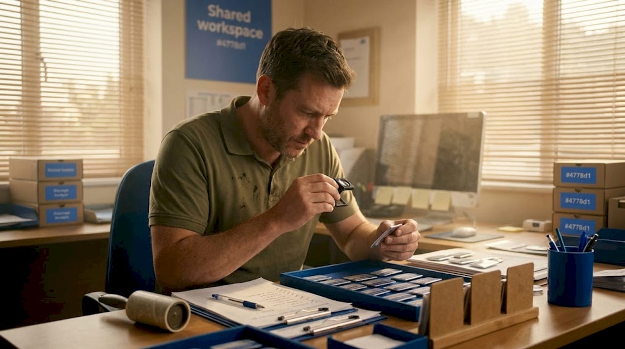 Man performing badge quality inspection at desk