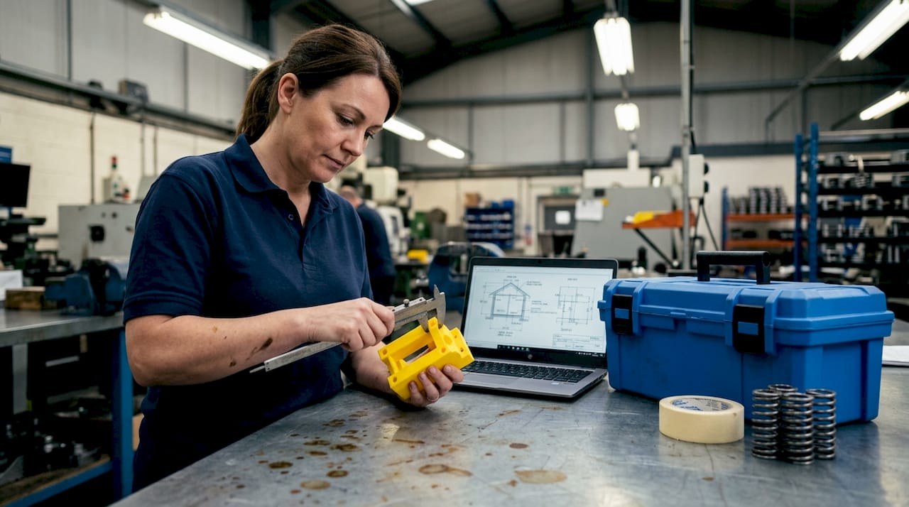 Supervisor measuring 3D printed jig in workshop