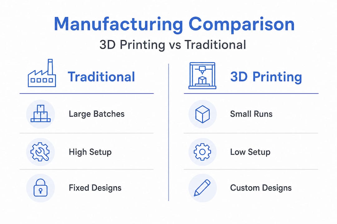 Infographic comparing 3D printing and traditional manufacturing