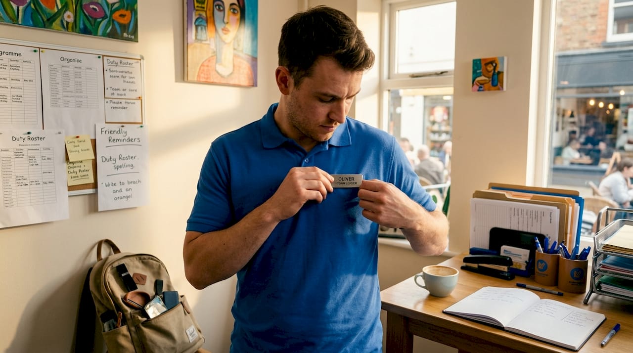 Employee attaching custom badge in staff room