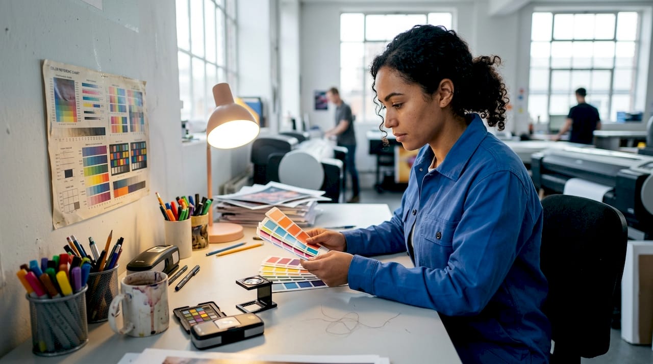 Print operator checks DTF print colour accuracy