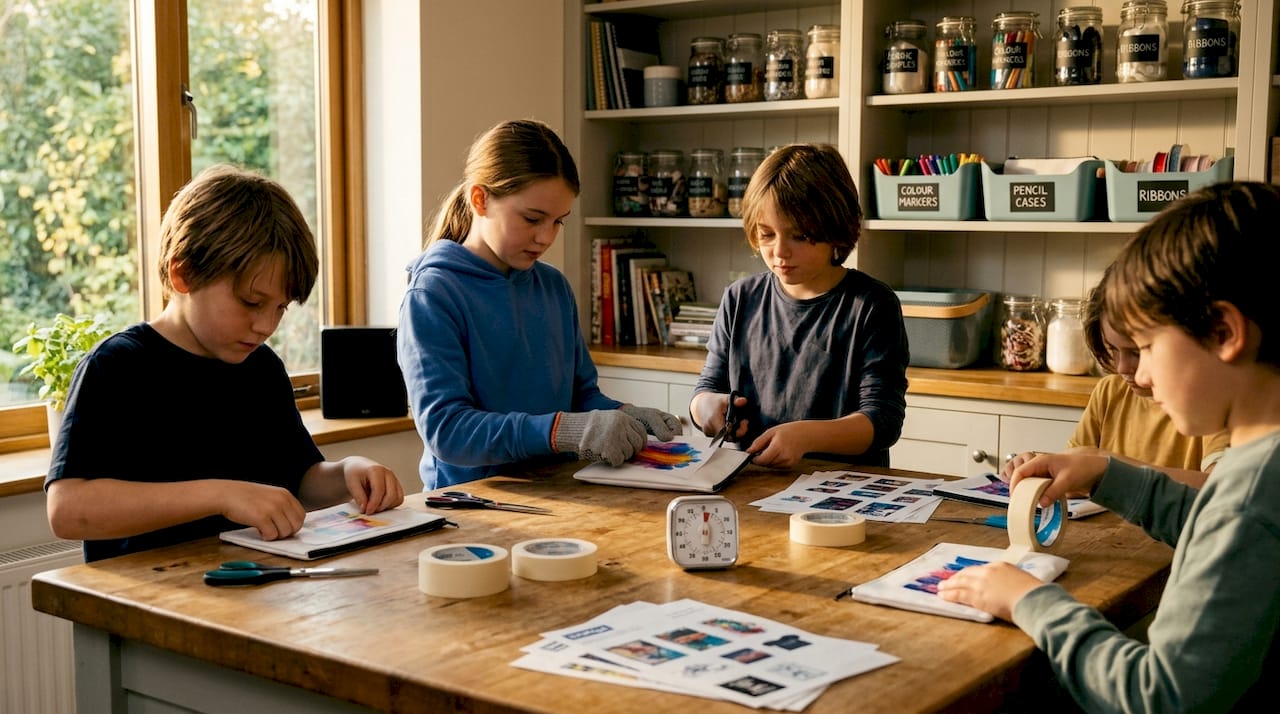 Children creating sublimation crafts at school table