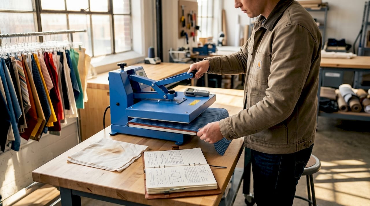 Operator testing fabric with heat press