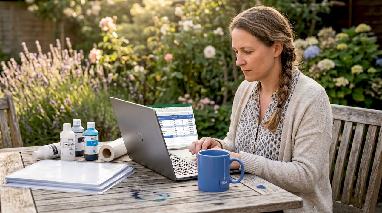 Woman tracking DTF supplies with spreadsheet