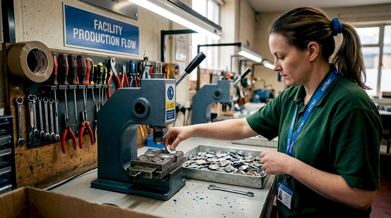 Technician using press in badge factory workshop