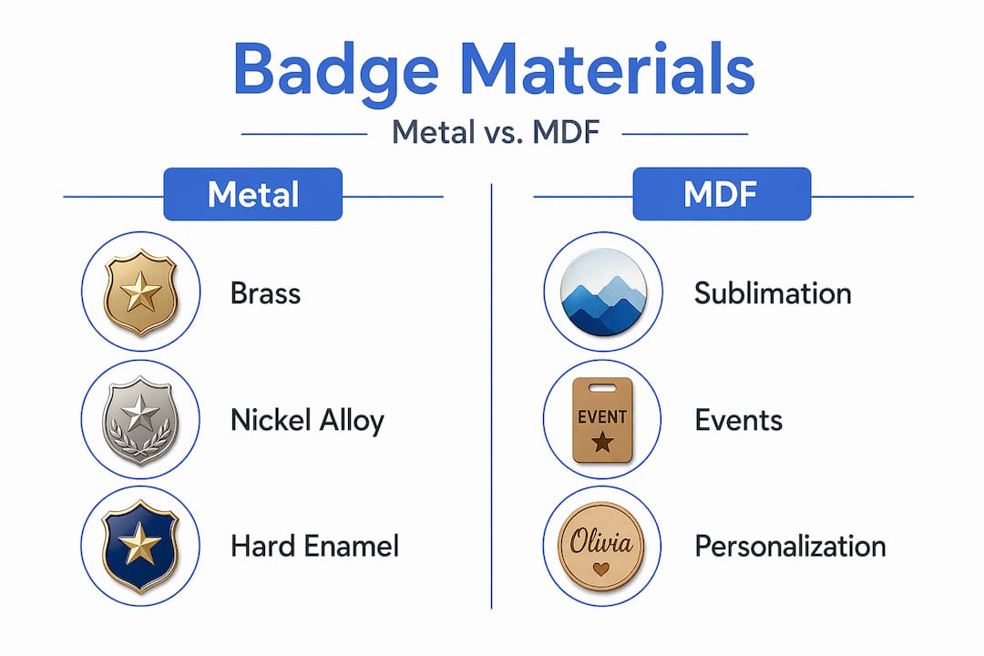 Infographic comparing metal and MDF badge materials