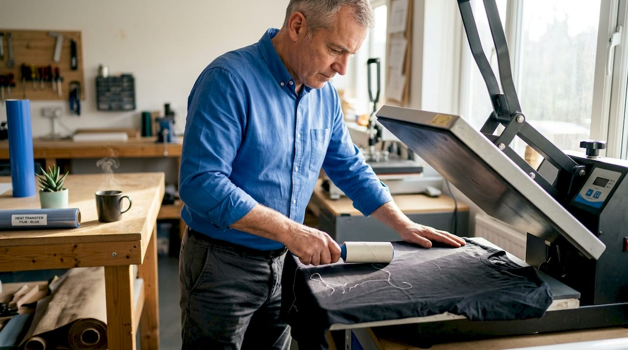 Person cleaning garment before heat press
