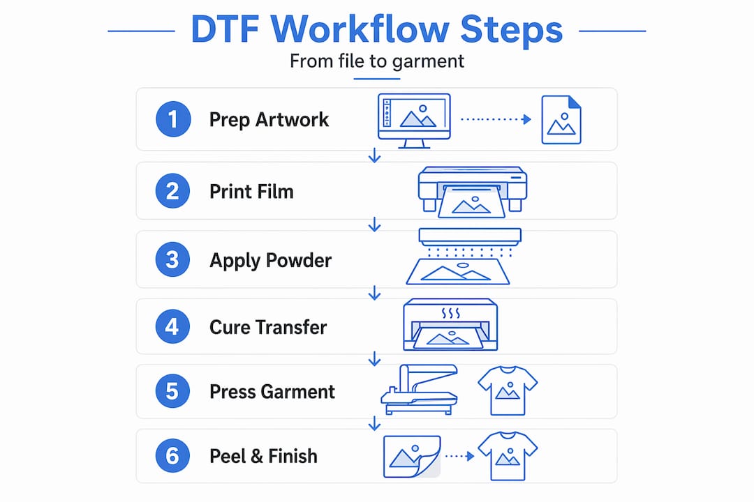 Infographic showing dtf transfer workflow steps