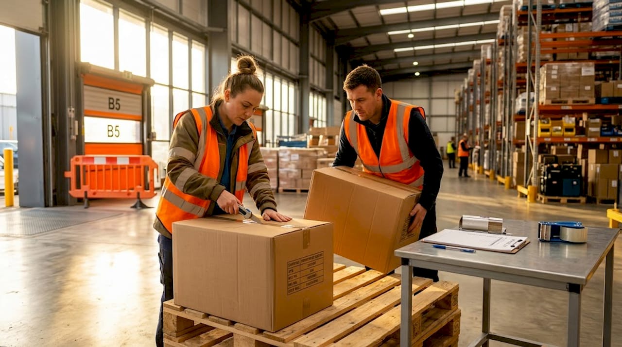 Warehouse team unloads bulk delivery boxes