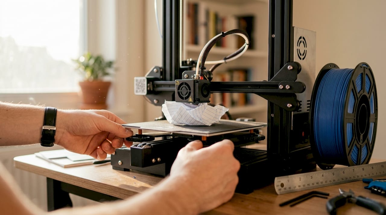 Hands leveling 3D printer bed in garage