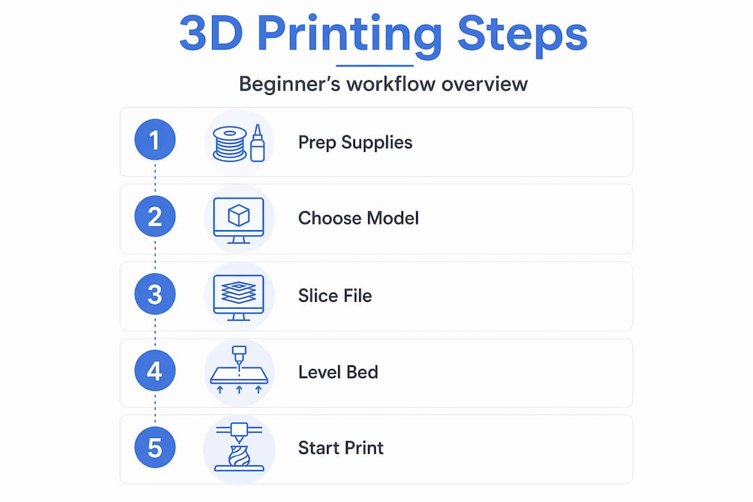 Infographic showing beginner 3D printing steps