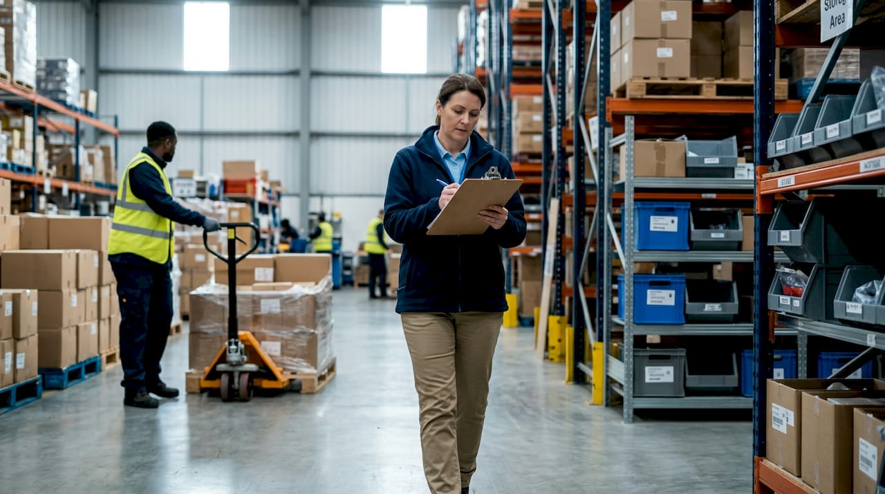 Warehouse manager checking stock in aisle