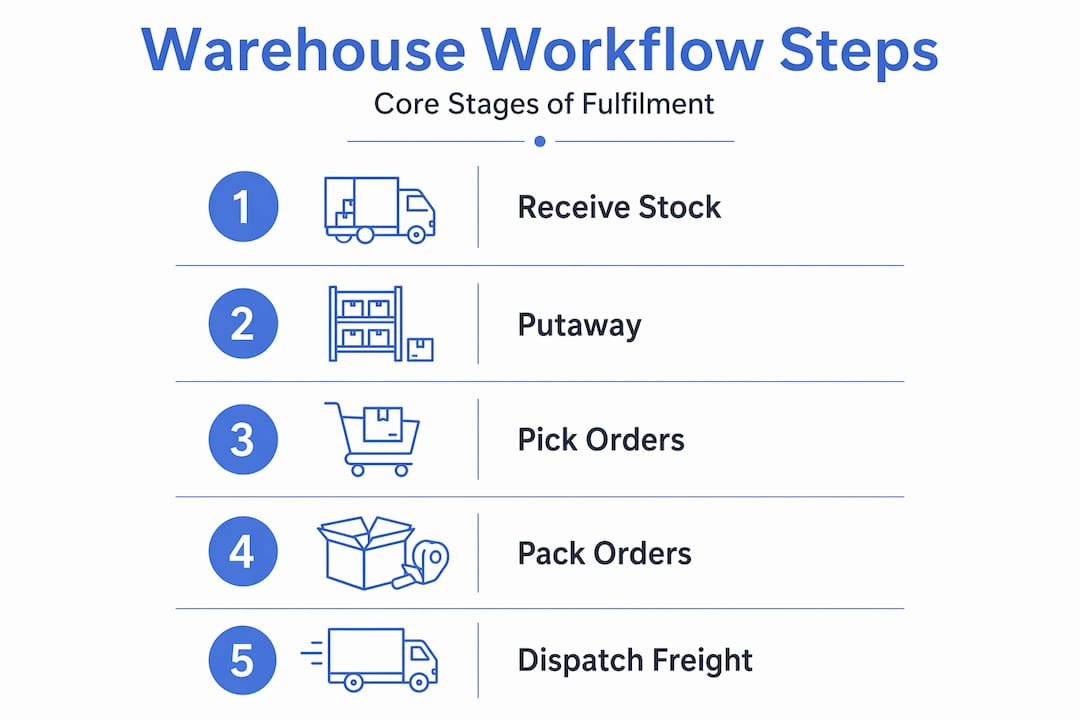 Infographic showing five-step warehouse workflow