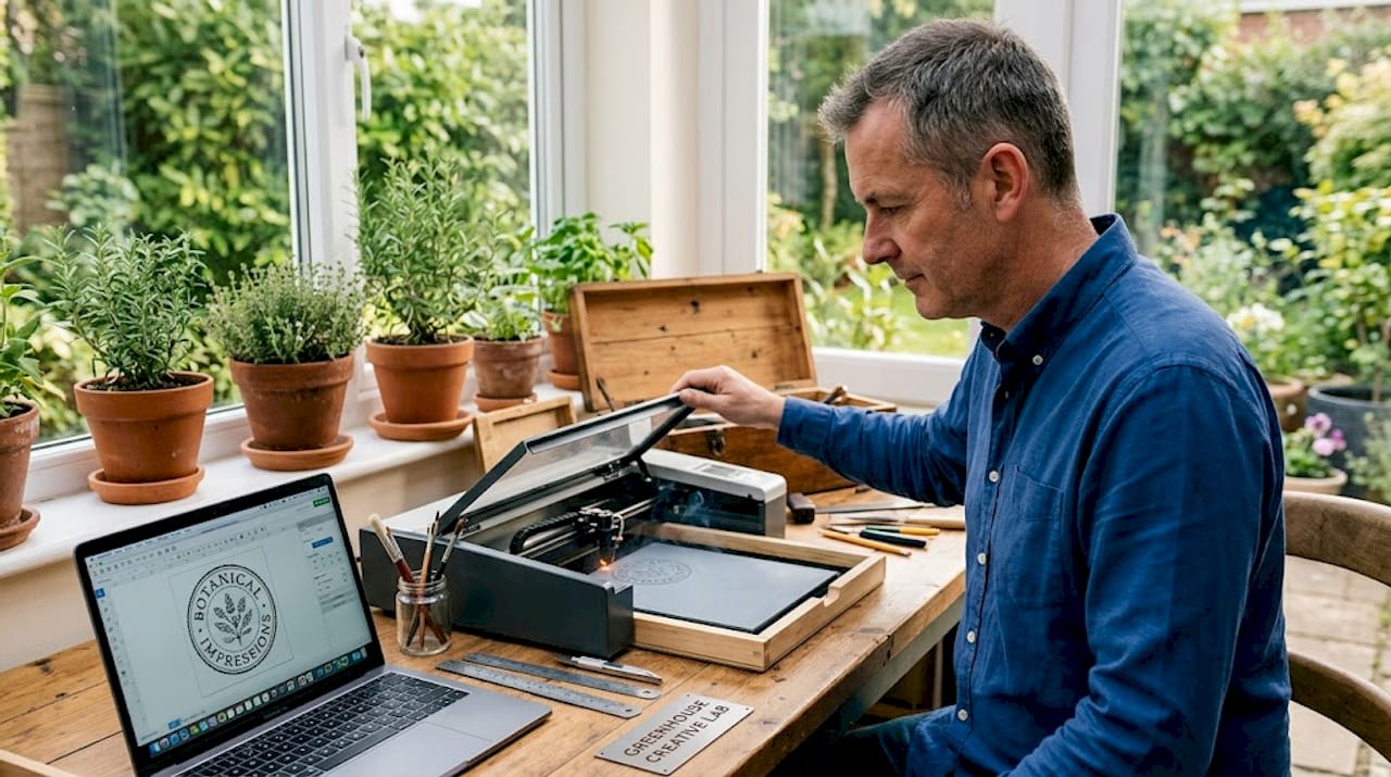 Man operating CO₂ laser stamp engraver