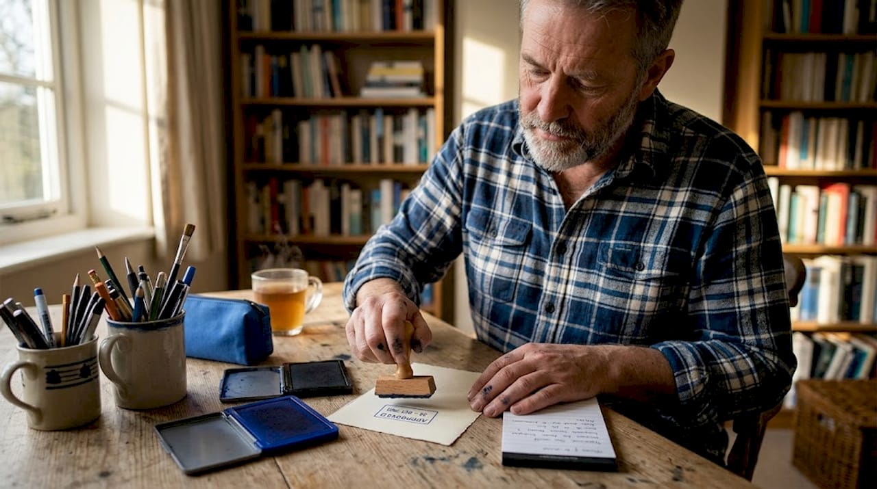 Man testing custom stamp impression in studio