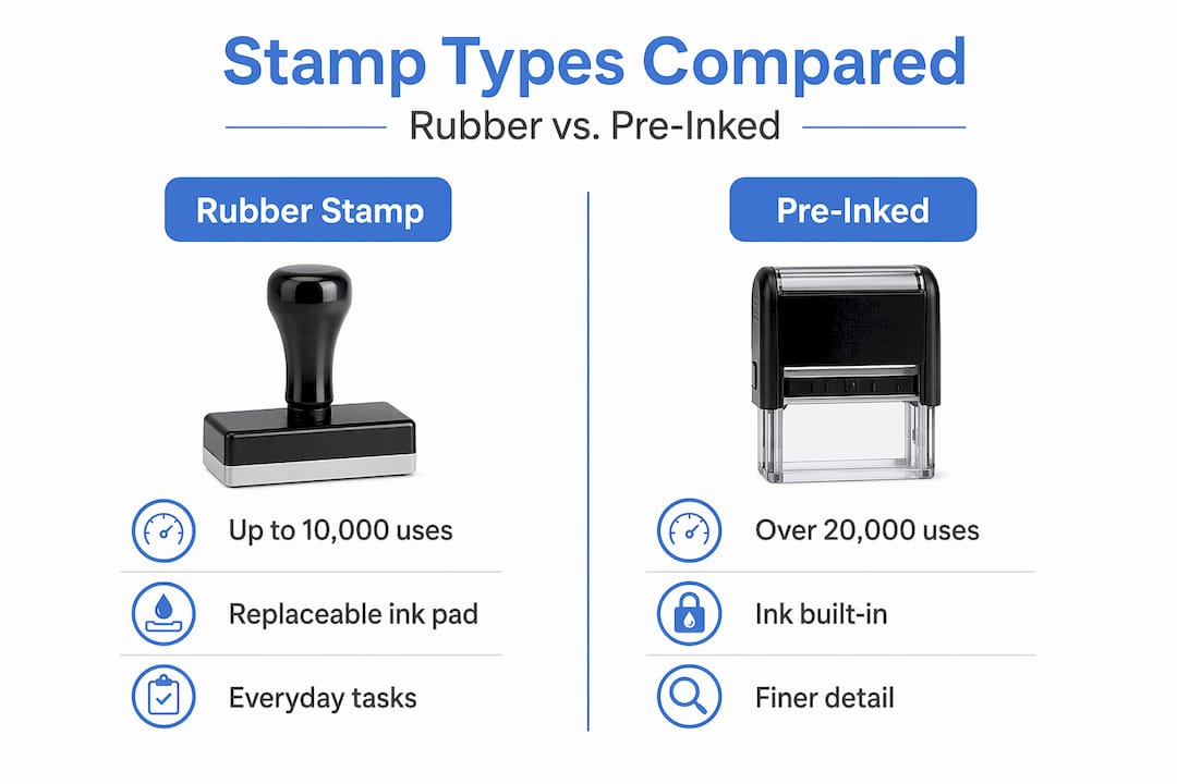 Infographic comparing rubber and pre-inked stamp types