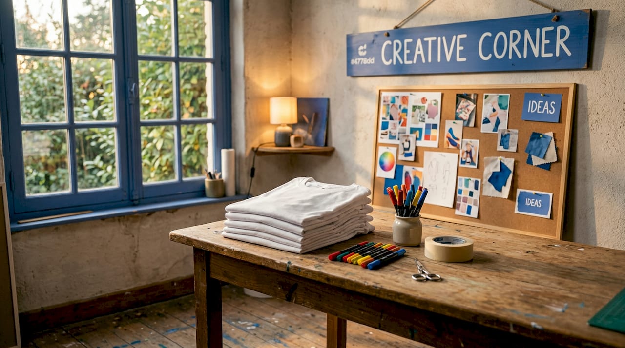 Blank t-shirts and art supplies ready for customization