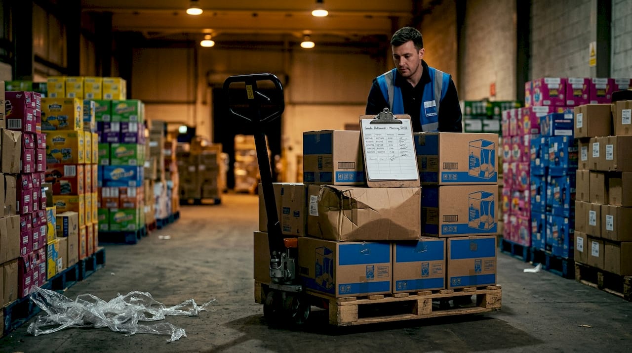 Warehouse worker moving bulk order boxes