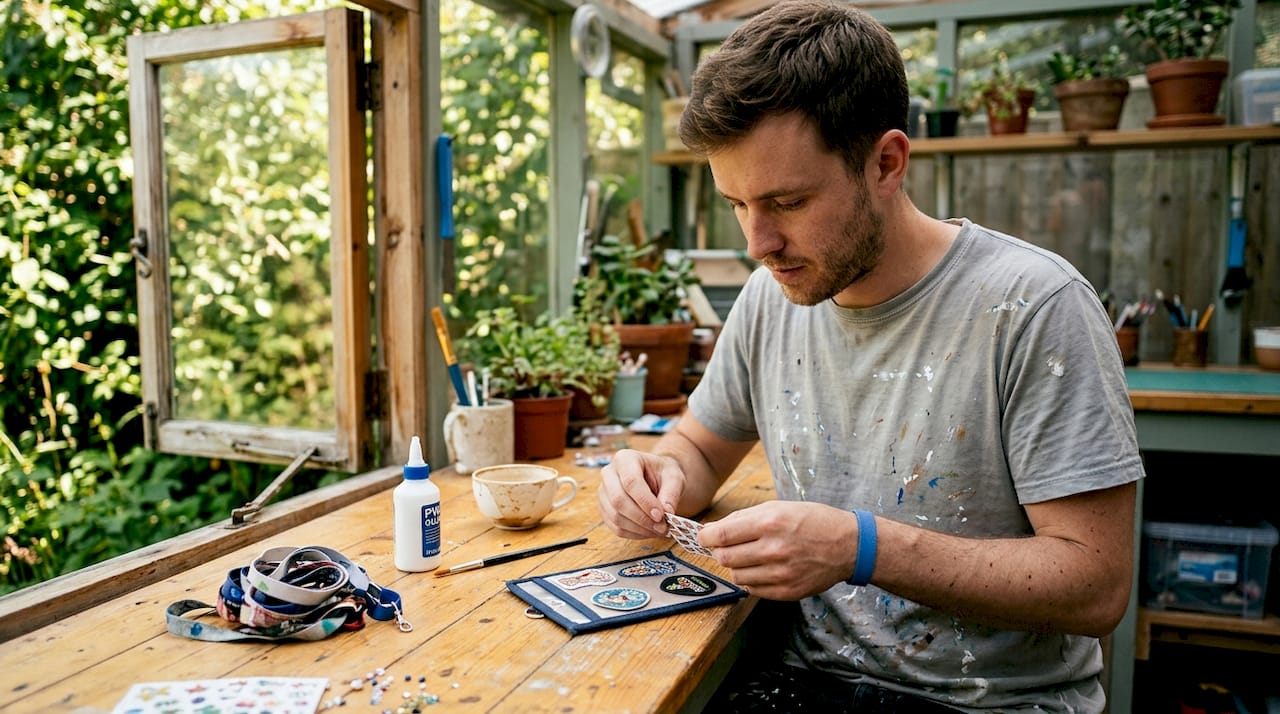 Man decorating DIY badge holder with patches