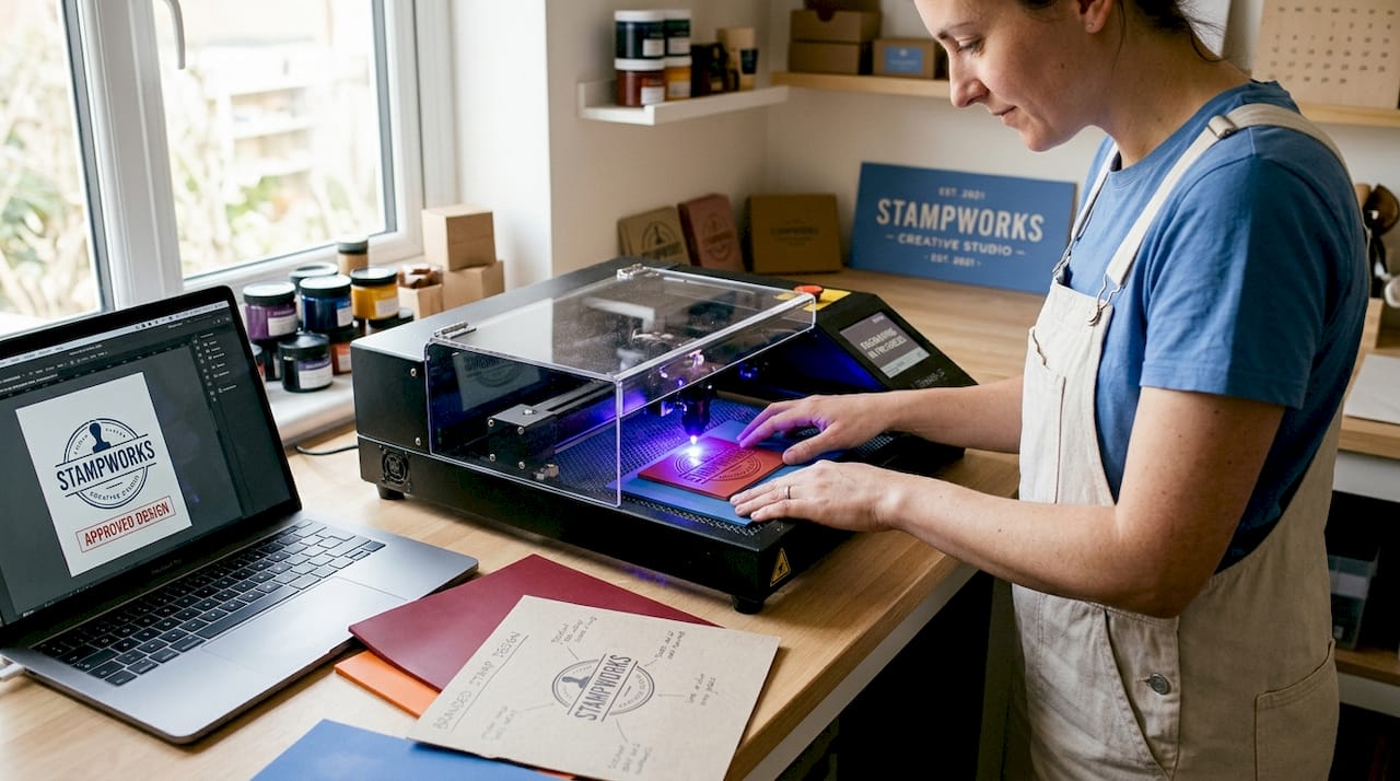 Laser engraving custom rubber stamp in studio