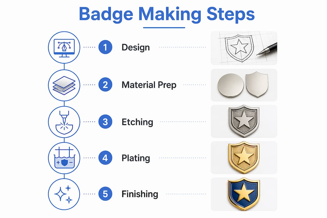 Infographic illustrating steel badge making steps