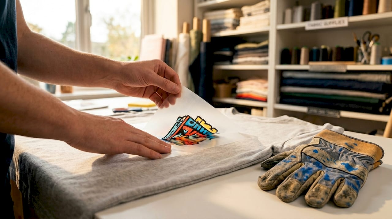 Hands applying DTF transfer to fabric blend