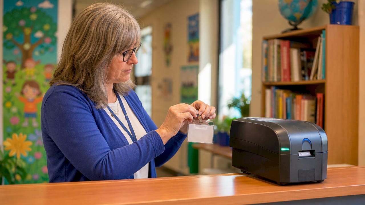 School receptionist preparing visitor badge