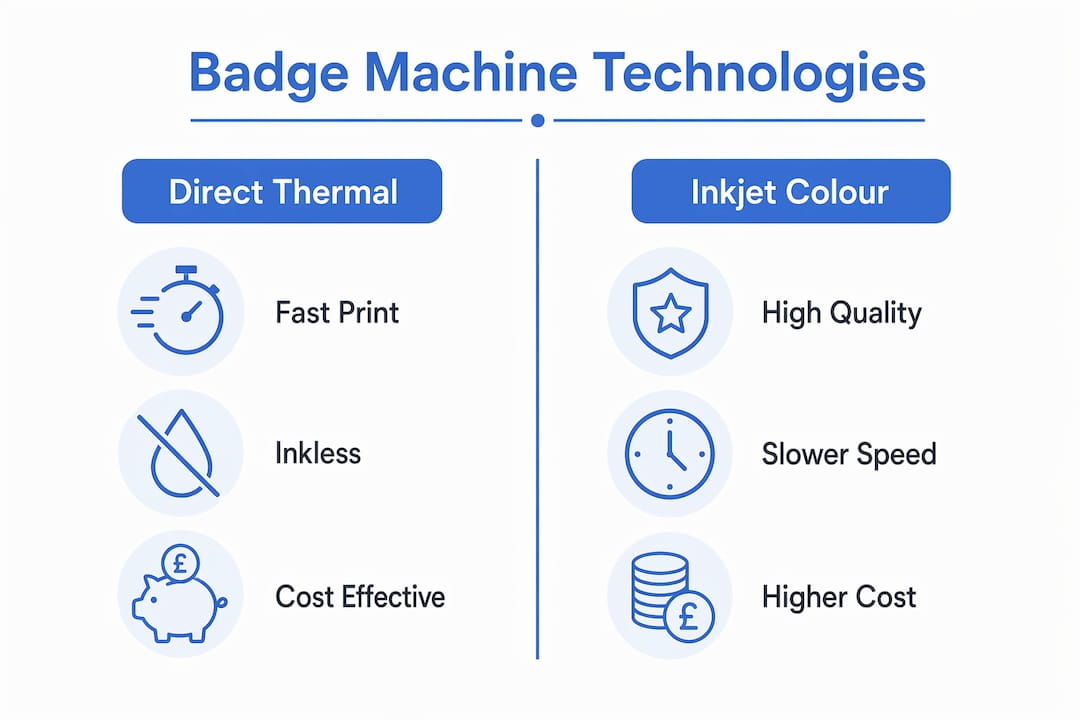 Infographic comparing direct thermal and inkjet badge machines