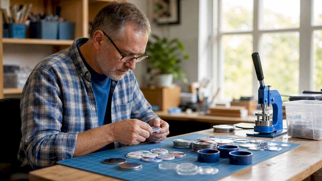Craftsman sorting badge making materials and tools