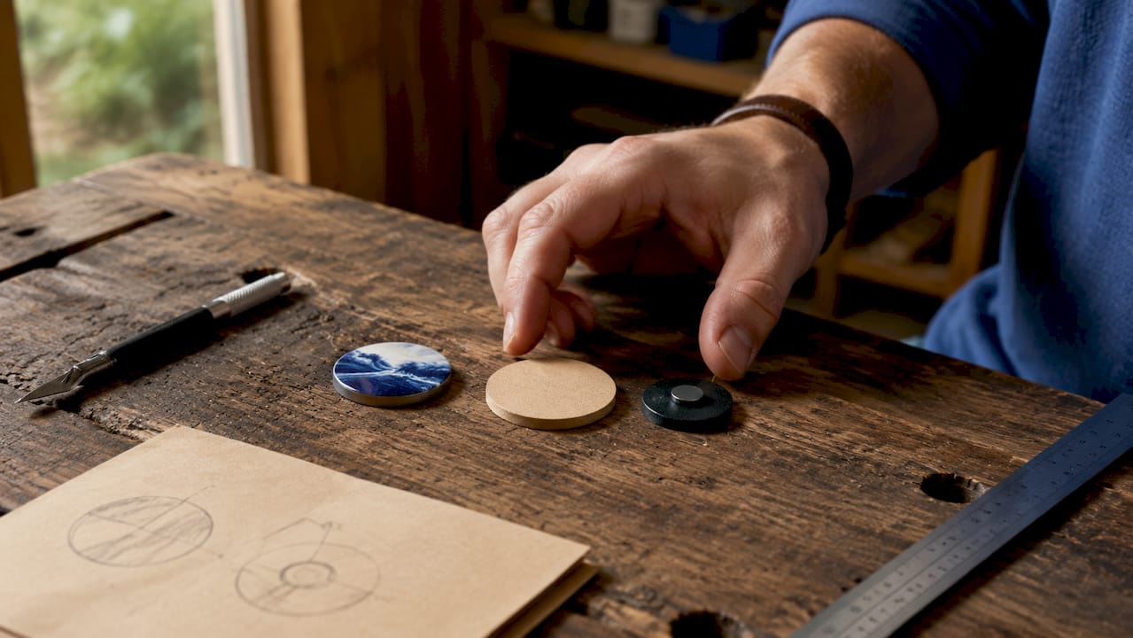 Close-up of badge layers on wooden table