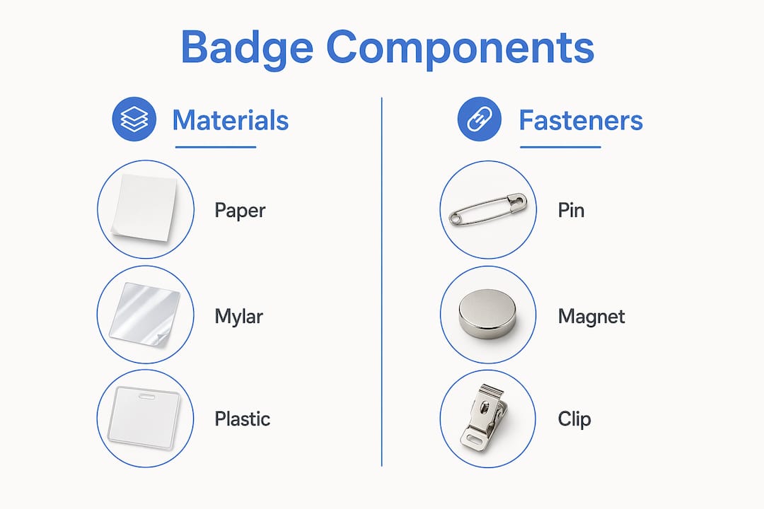Infographic comparing badge materials and fasteners