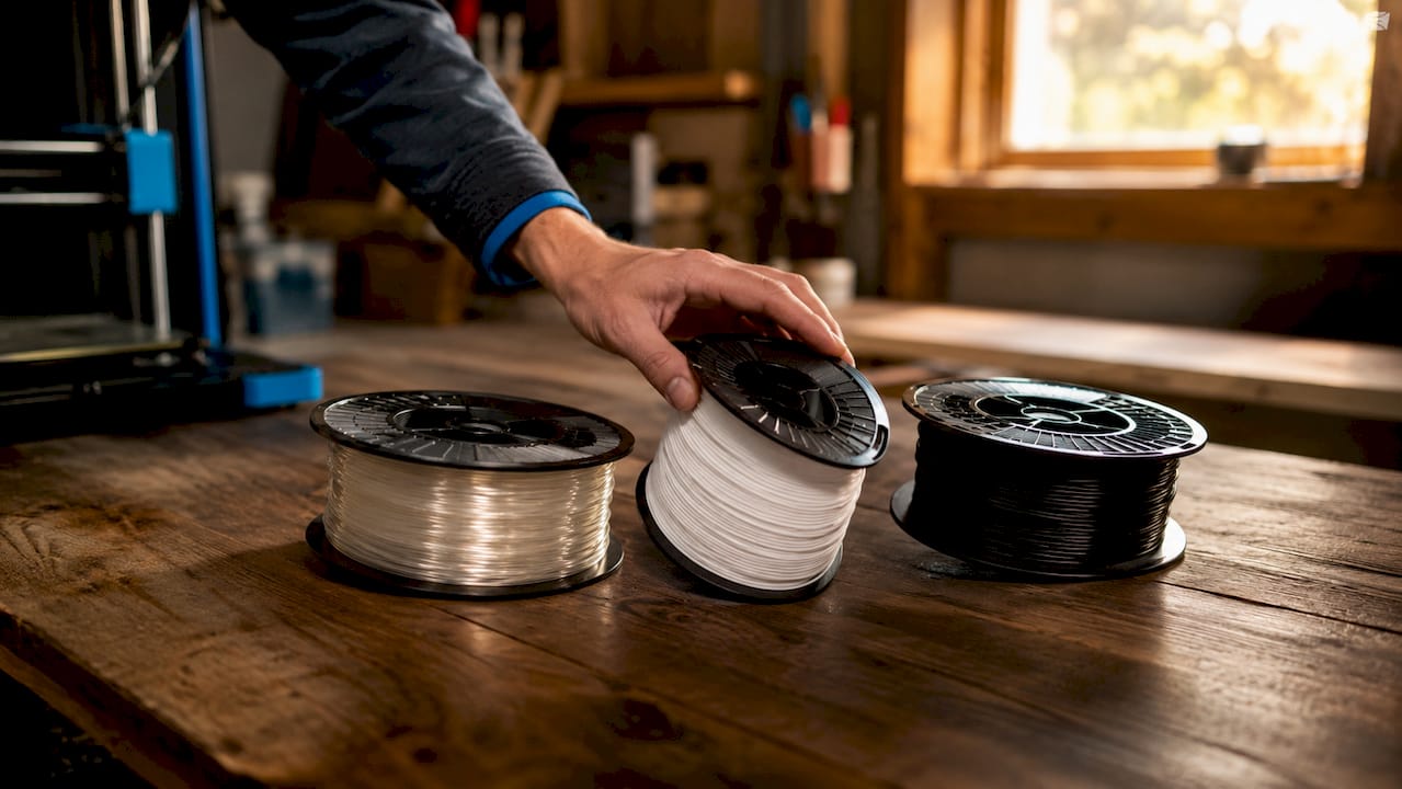 Close-up of hand holding three filament spools