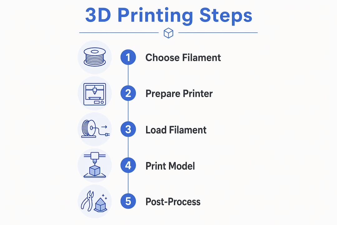 Infographic illustrating 3D filament printing steps