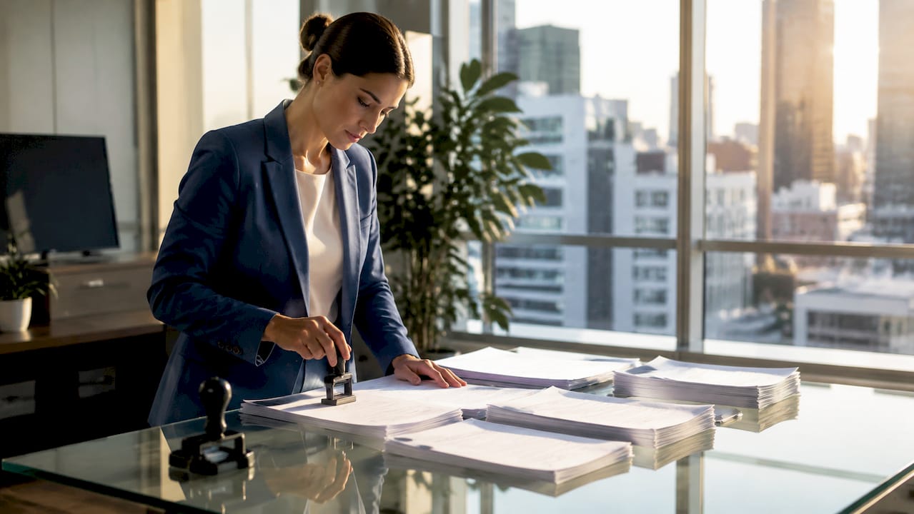 Businesswoman stamping documents in office