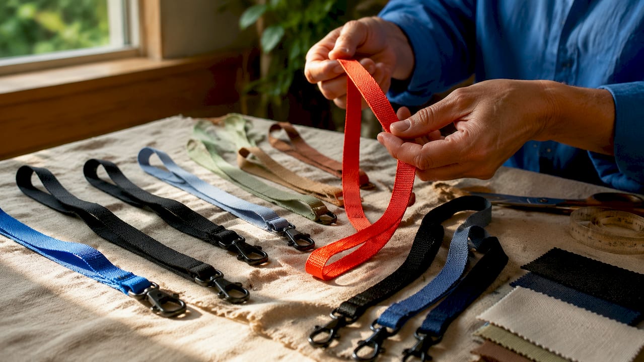 Close-up hands selecting lanyard materials