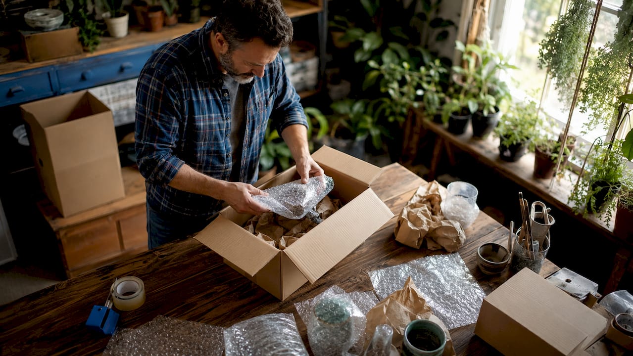Hands layering product packaging materials