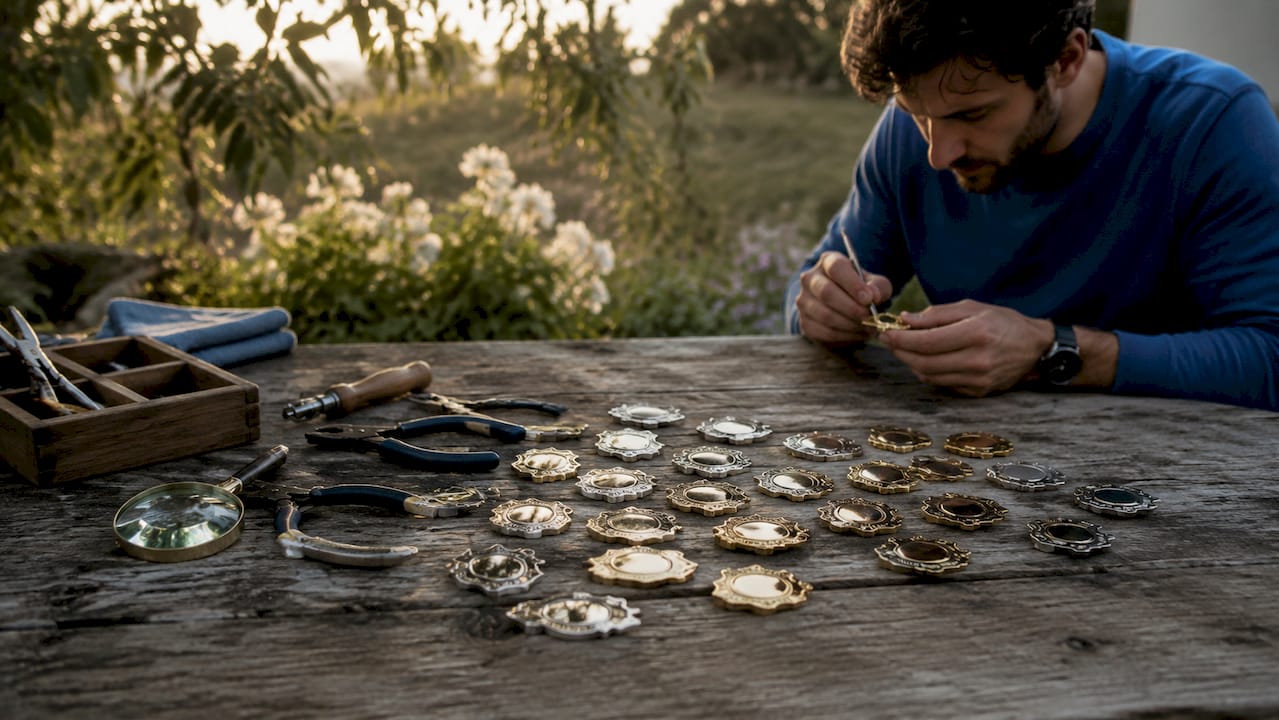 Close-up of metal badge shells on workshop bench