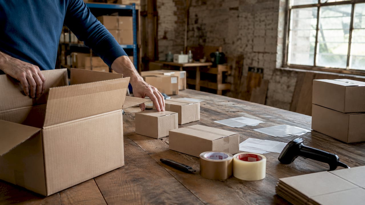 Hands breaking bulk boxes in warehouse
